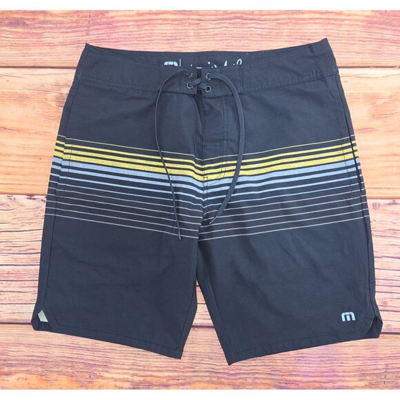 Travis Mathew Mens Board Shorts Size 32 Black/Yellow/Grey Striped Swimwear - Picture 1 of 8